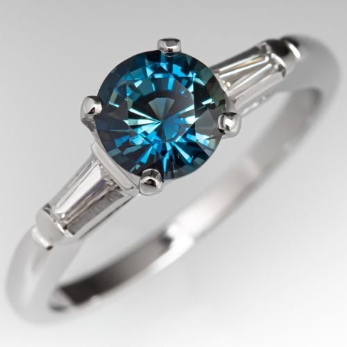 Blue Green Sapphire Engagement Ring w/ Baguette Diamonds Platinum