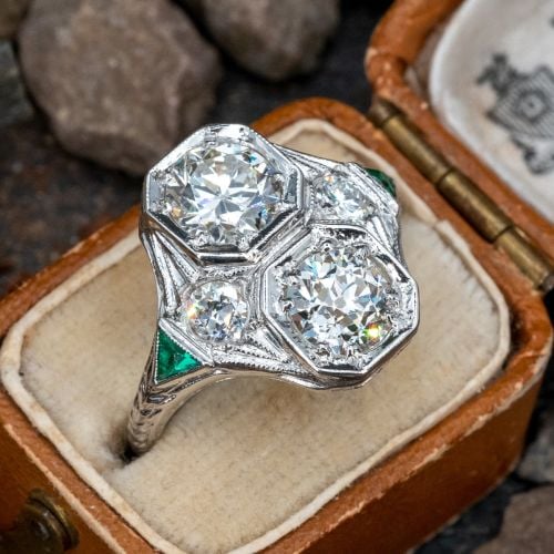 1930's Antique Twin Diamond Ring w/ Green Accents