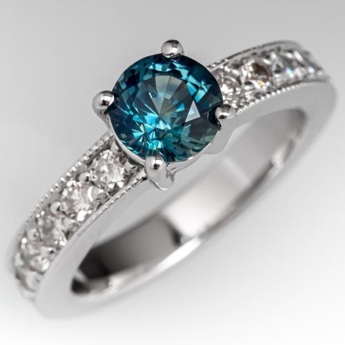 1 Carat No Heat Teal Sapphire Engagement Ring w/ Diamond Accents 14K