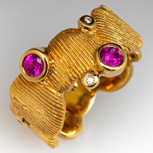 Michelle Albala Pink Sapphire & Diamond Band Ring 18K Yellow Gold