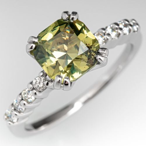 Cushion Cut 2 Carat No Heat Green Sapphire Engagement Ring