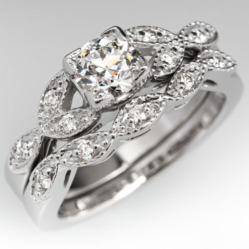 Transitional Cut Diamond Floral Engagement Ring Wedding Set .58ct G/VVS2 GIA