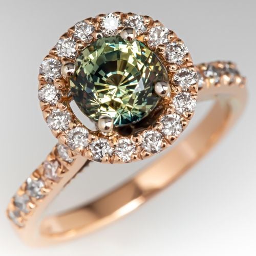 1.5 Carat No Heat Sapphire Engagement Ring w/ Diamond Halo 18K Rose Gold