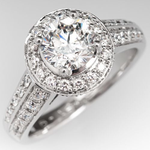 1 Carat Diamond Halo Engagement Ring 14K White Gold 1.02ct H/I1