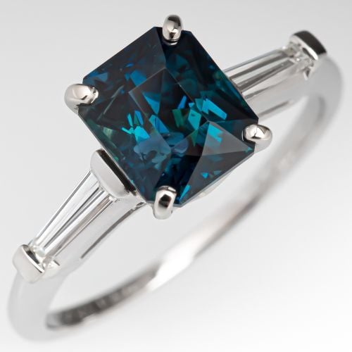 2.7 Carat Rectangle Cut Deep Teal Sapphire Engagement Ring Vintage Mount