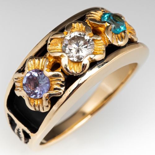 Wide Band Diamond & Blue Zircon Ring in 14K Yellow Gold