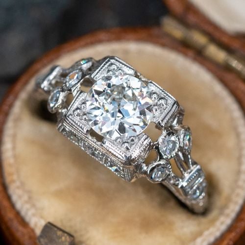 Art Deco Old Euro Cut Diamond Engagement Ring 0.92ct H/VS2 GIA
