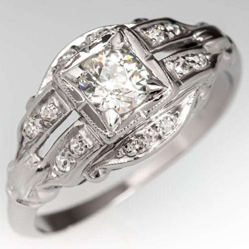 Art Deco Platinum Old Mine Cut Diamond Engagement Ring .35ct H/VS1