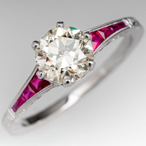 Deco Reproduction Transitional Cut Diamond Engagement Ring w/ Rubies 1.13ct Q-R/VS1
