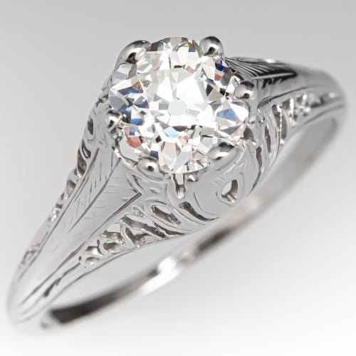 Art Deco Old Mine Cut Diamond Engagement Ring .94ct H/VS2 GIA