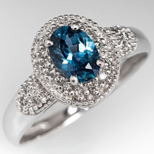 1 Carat Oval Sapphire Ring w/ Diamond Halo 14K White Gold