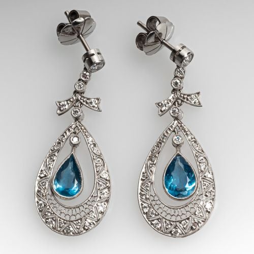 Aquamarine Dangle Earrings w/ Diamond Accents Platinum