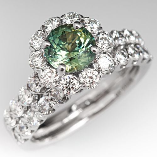 No Heat Green Sapphire Engagement Ring Wedding Set Diamond Halo