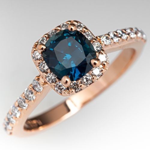 Rose Gold Sapphire Halo Engagement Ring w/ Diamonds