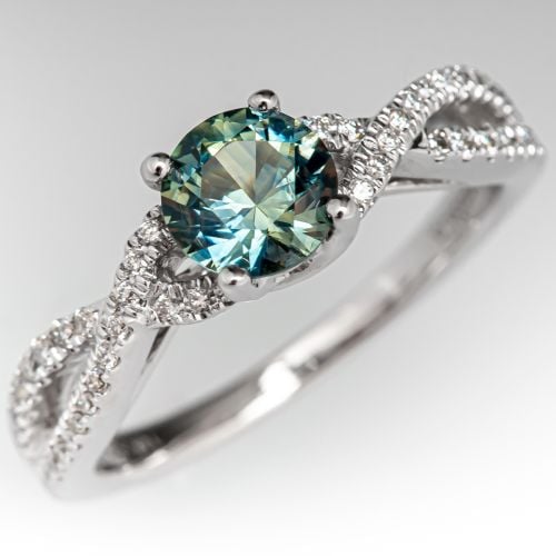 No Heat Teal Sapphire Engagement Ring w/ Diamonds 14K