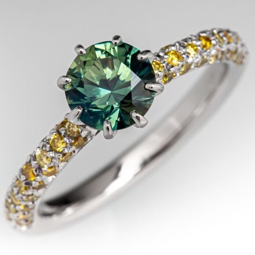 Teal Green Sapphire Engagement Ring w/ Yellow Diamond Accents