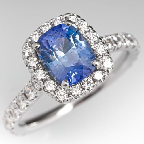 No Heat Cushion Sapphire Engagement Ring 18K Diamond Halo