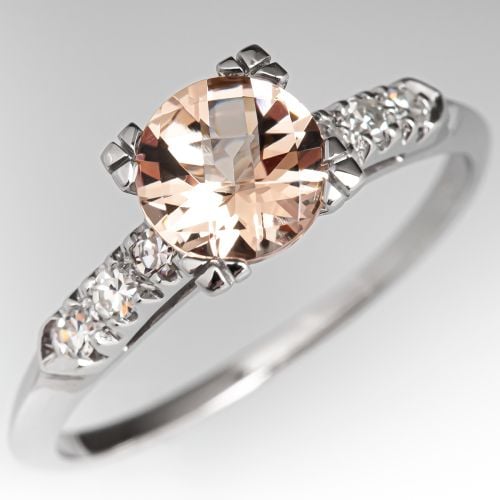 Peachy Pink Morganite Gemstone Ring Platinum 1950's Vintage Diamond Mounting