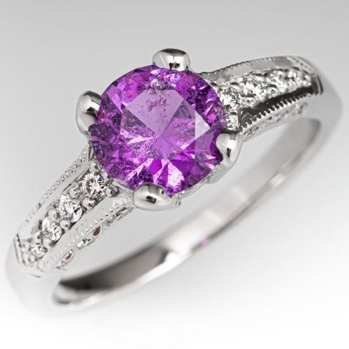 Pinkish Purple Sapphire & Diamond Engagement Ring 18K White Gold