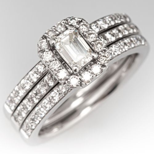 Emerald Cut Diamond Halo Ring Wedding Set .30ct I/SI1