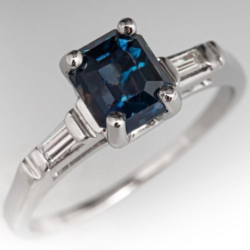Greenish-Blue Emerald Cut Sapphire & Baguette Diamond Ring Platinum
