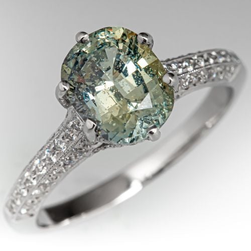 No Heat Icy Blue Green Sapphire Engagement Ring w/ Diamond Accents