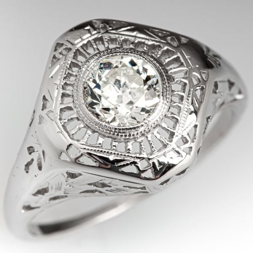Antique 1930s Bezel Set Old Euro Cut Diamond Ring 18K White Gold .60ct J/I1 GIA