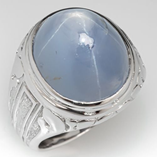 Incredible Men's Star Sapphire Ring 18K White Gold