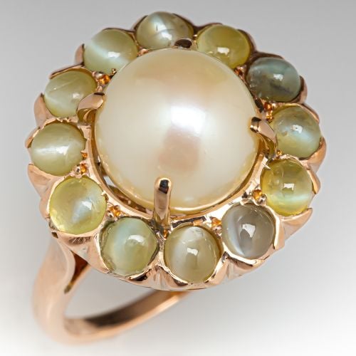 Pearl & Cats Eye Cocktail Ring 14K Yellow Gold