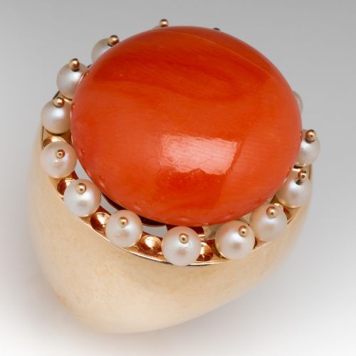 Vintage Coral Cocktail Ring w/ Pearl Halo 14K Yellow Gold