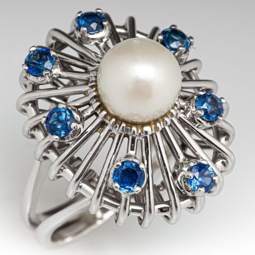 Pearl Cocktail Ring w/ Sapphire Accents 18K White Gold