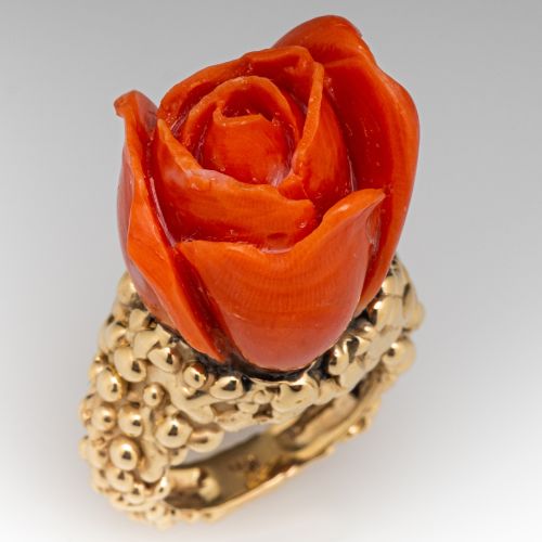 Coral Rose Cocktail Ring 14K Yellow Gold