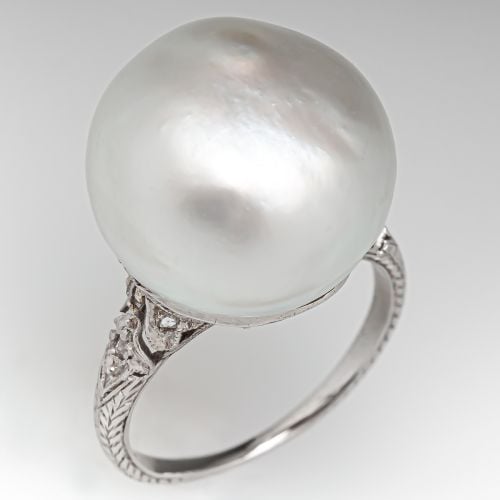 Stunning Pearl Ring w/ Diamond Accents Platinum Engraved