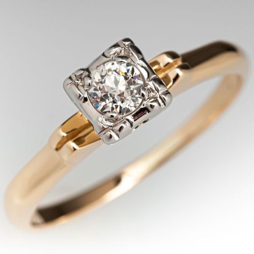 Old Euro Diamond 1940s Solitaire Engagement Ring 14K Gold .19ct F/VS1
