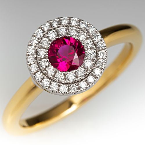 Spark Ruby & Double Diamond Halo Ring 18K Yellow Gold