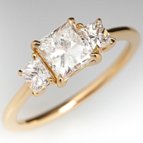 Princess Cut Three Stone Engagement Ring 14K Yellow Gold .98ct I/I1 GIA