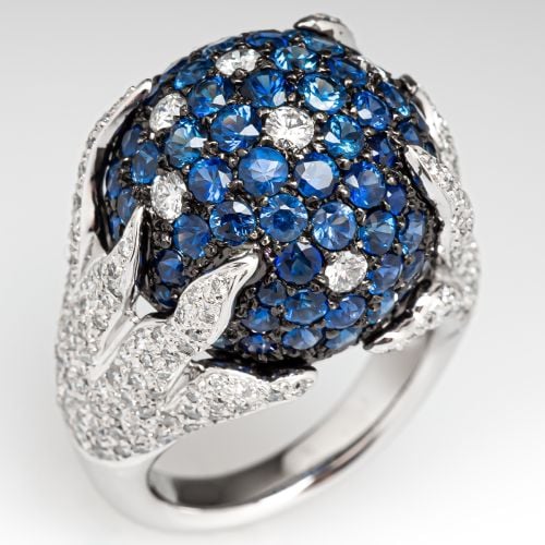 Marvelous Blue Sapphire & Diamond Dome Cocktail Ring 18K White Gold