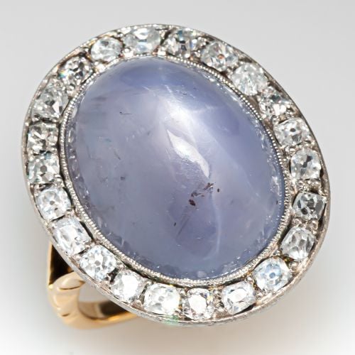 Victorian Star Sapphire Ring w/ Old Mine Cut Diamond Halo 18K Gold & Platinum
