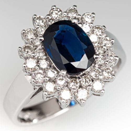 Oval Cut Blue Sapphire & Diamond Engagement Ring 14K White Gold