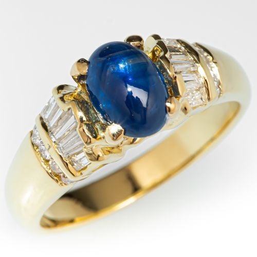 Oval Cabochon Blue Sapphire Ring w/ Diamond Accents 18K Yellow Gold
