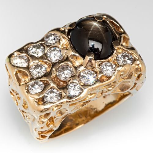 Men's Nugget Design Star Sapphire & Diamond Ring 14K Yellow Gold