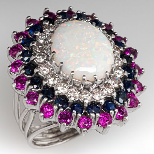 Opal Cocktail Ring w/ Diamond, Sapphire & Ruby Accents 14k White Gold