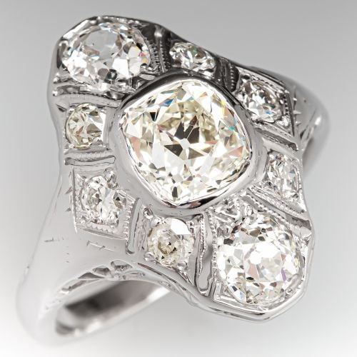 1930's Diamond Dinner Ring 18K White Gold 1.37ct O-P/VS2 GIA