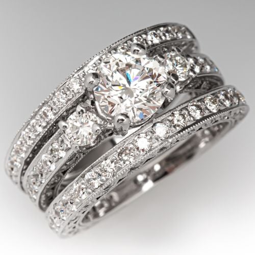 Three Ring Diamond Engagement Ring Wedding Set 14K White Gold