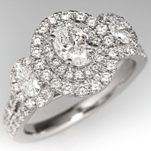 Three Stone Diamond Halo Engagement Ring Platinum .50ct E/VS2