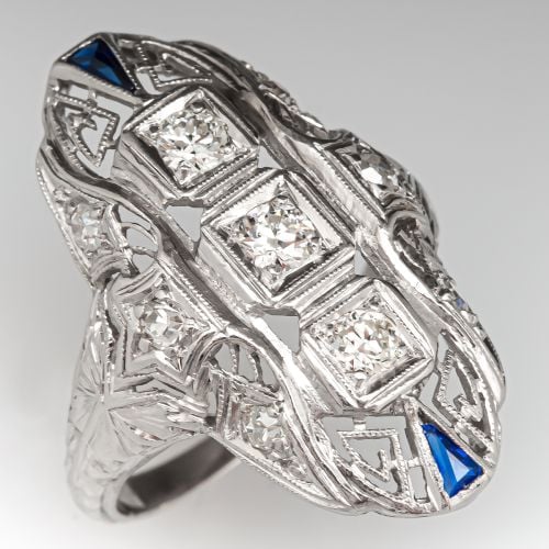 Art Deco Diamond Dinner Ring w/ Blue Accents Platinum