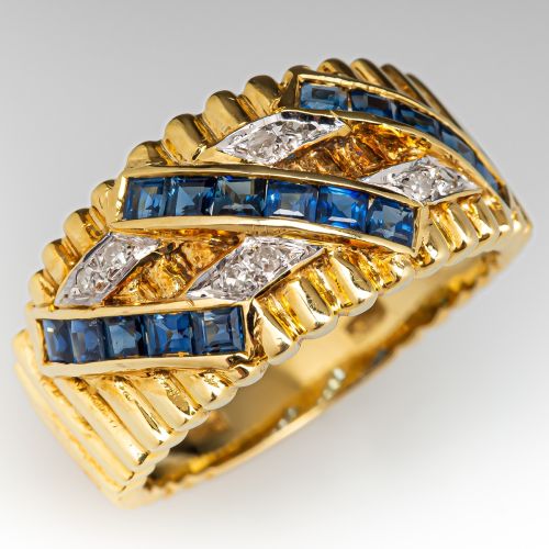 Diamond & Blue Sapphire Band Ring 14K Yellow Gold