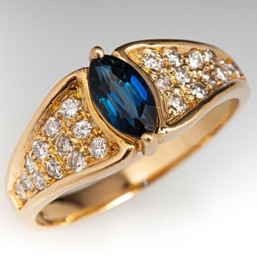 Marquise Cut Sapphire Engagement Ring w/ Diamond Accents 14K Yellow Gold