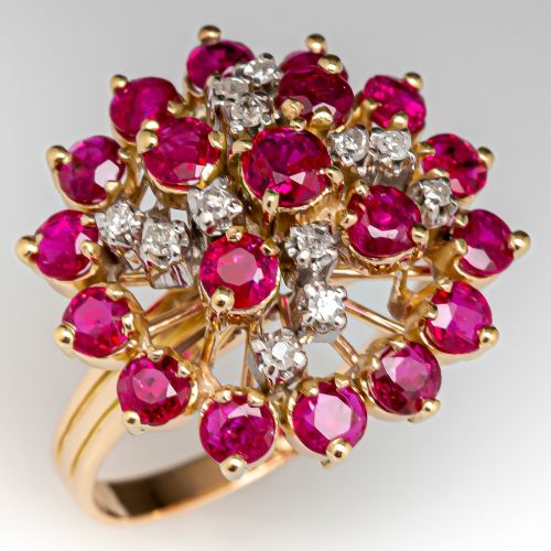 Ruby & Diamond Cluster Ring 14K Yellow Gold