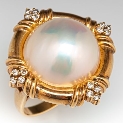 Mabe Pearl Cocktail Ring w/ Diamond Accents 14K Yellow Gold